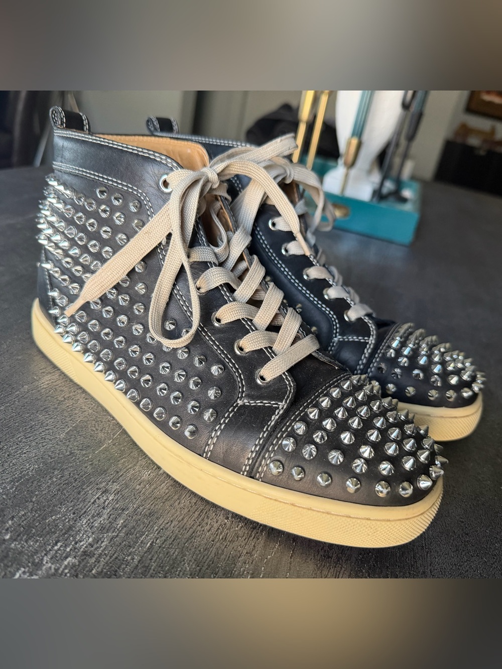 Christian Louboutin Black Leather Studded High-Top Sneakers with Cream Soles